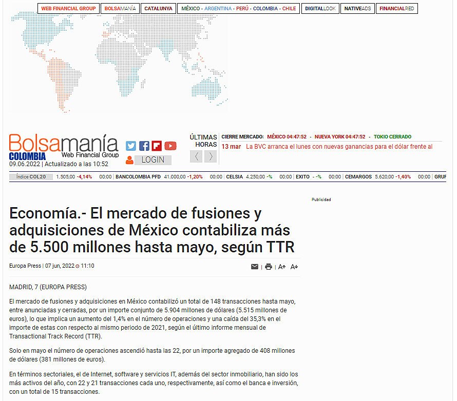 Economa.- El mercado de fusiones y adquisiciones de Mxico contabiliza ms de 5.500 millones hasta mayo, segn TTR